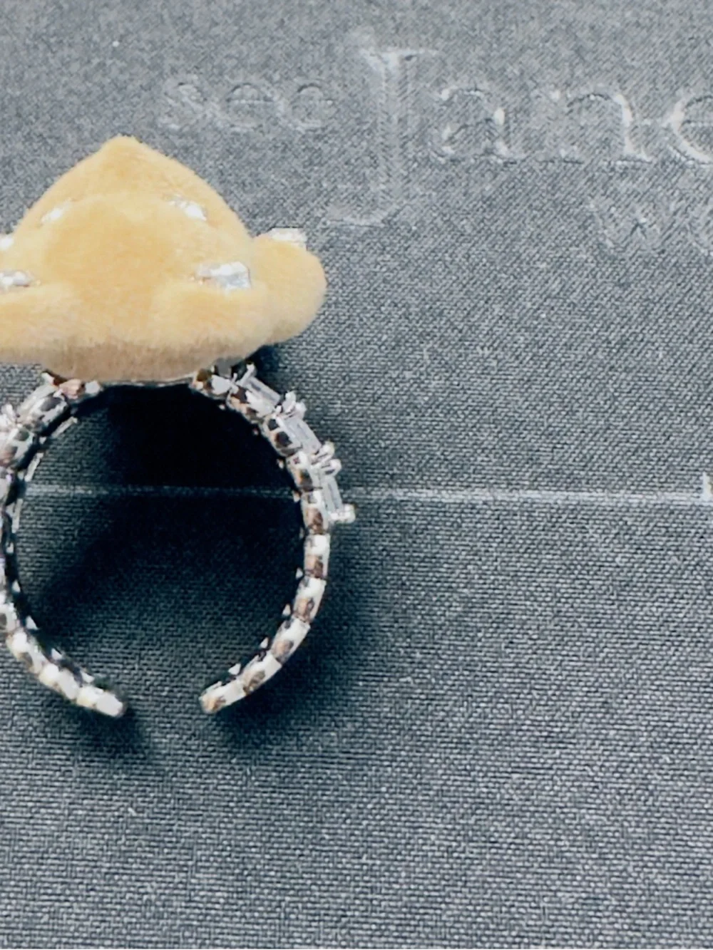 Plush Teddy Bear Ring with Crystal Center - Beige